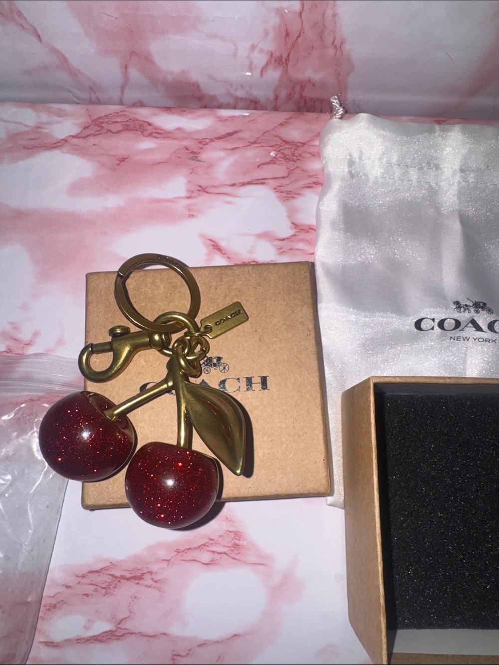 Coach Glitter Red Cherry Key & Card Holder Charm with Gold Hardware